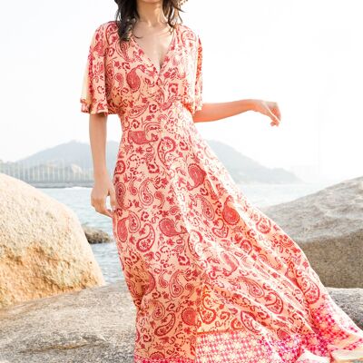 Long buttoned dress in print with V-neck and cap sleeve, with slit