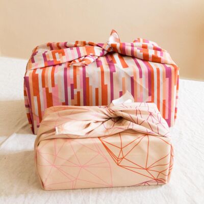 Furoshiki set cotton colorful (beige, purple, red, pink), 2 sizes (set no. 1: stripes 70cm + lowpoly 50cm)