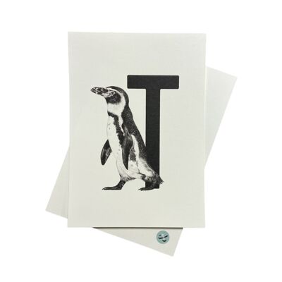 Letterkaart T met pinguïn