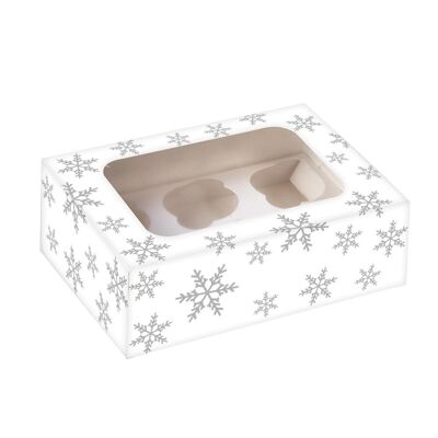 Silberne Cupcake-Box mit Schneeflocken für 6 Cupcakes aus Folie