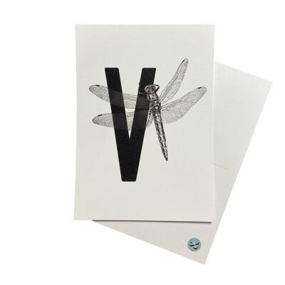 Carte lettre V avec libellule
