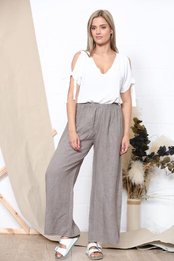 Pantalon large en lin taupe 1