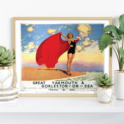 Great Yarmouth Girl mit roter Decke – Premium-Kunstdruck