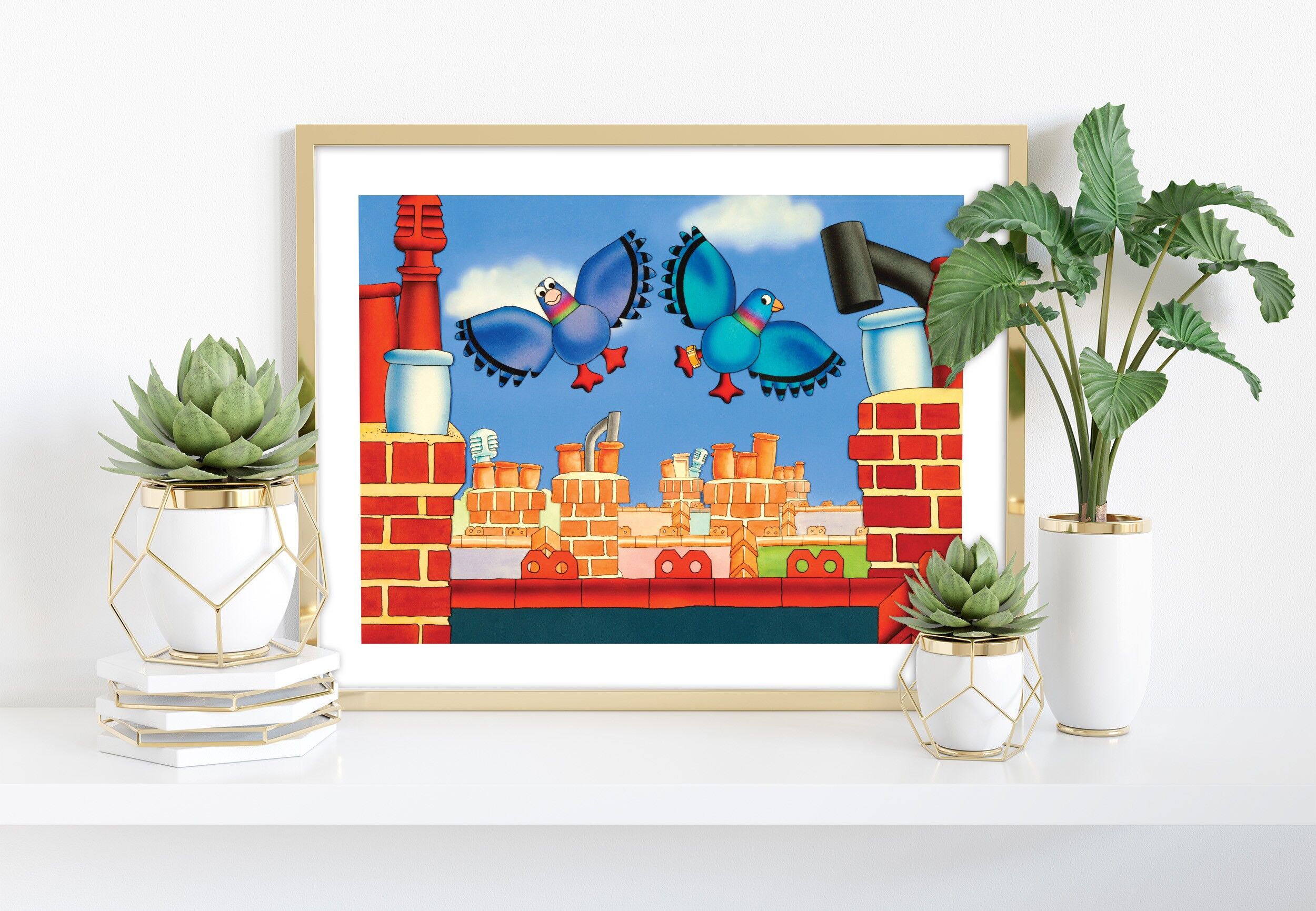 I piccioni si sono seduti su Chmneys - 11 x 14" stampa d'arte premium