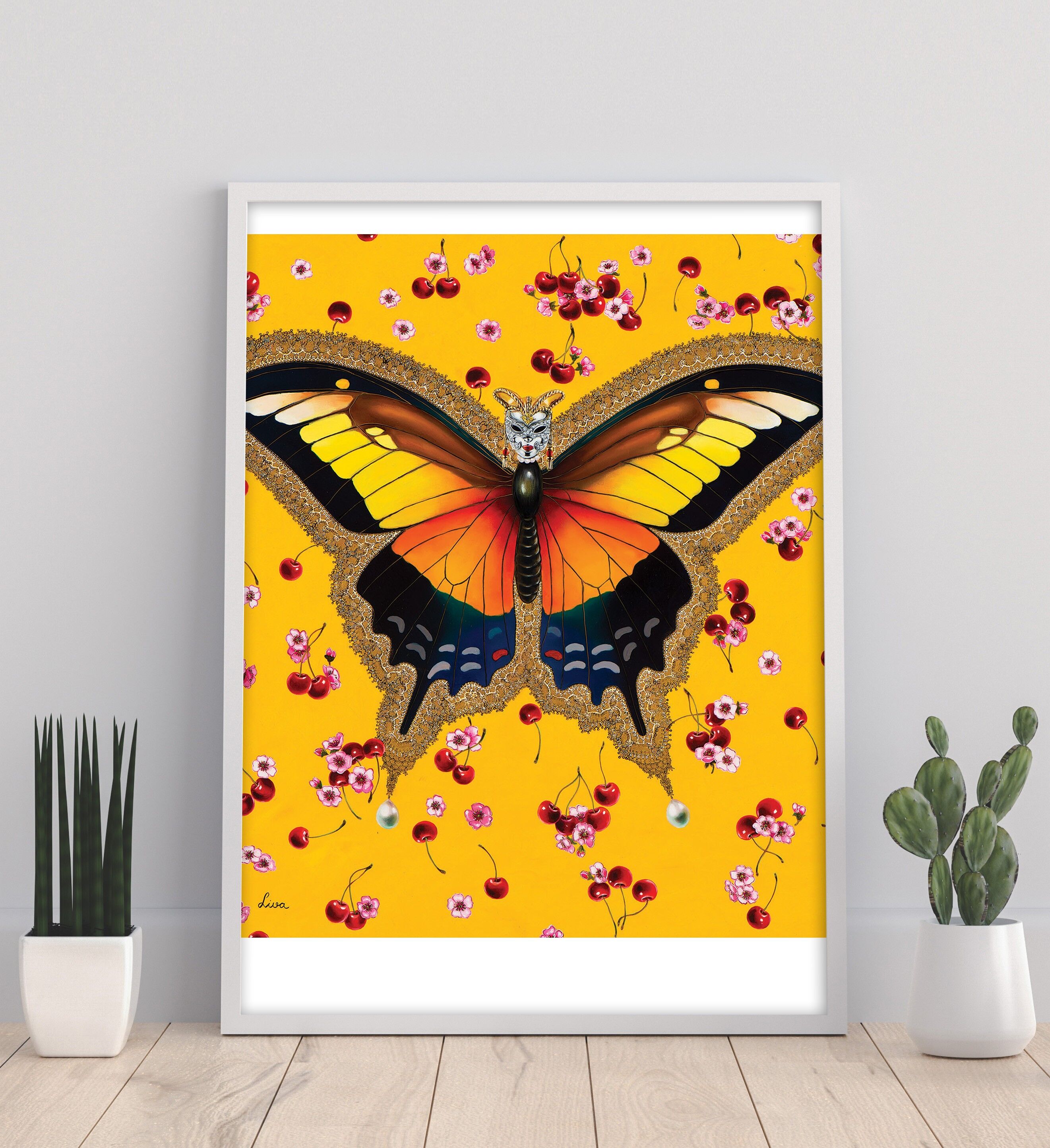 Schmetterling mit Kirschen – 11 x 14 Zoll Kunstdruck