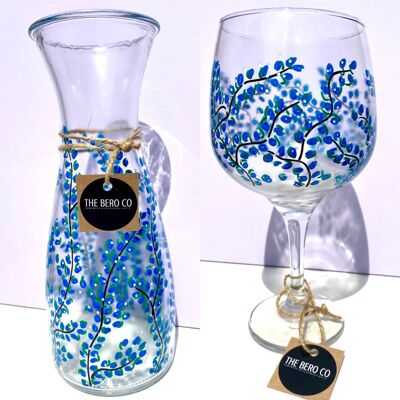 Jarrón Blue Blossom, jarra, vaso de ginebra, pintado a mano en Gales