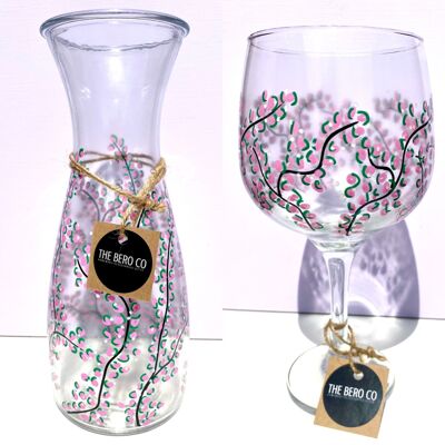 Pink Blossom Vase, Karaffe, Gin-Glas - handbemalt in Wales