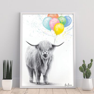 La vaca de las tierras altas y los globos - 11X14" Lámina artística