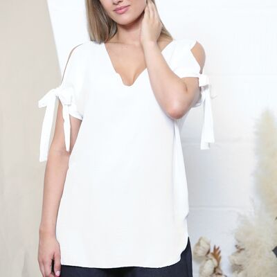 White cold shoulder bow sleeve top
