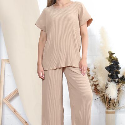 Camel pleated wide leg co-ord