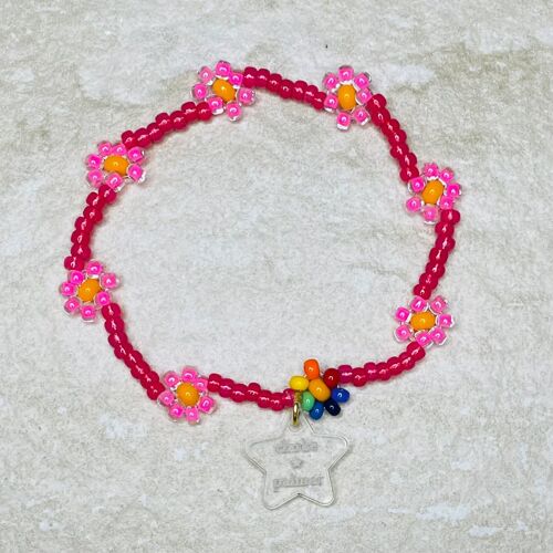 Neon Pink Daisy Beaded Bracelet - Medium 18 cm - No Initial - Tassel