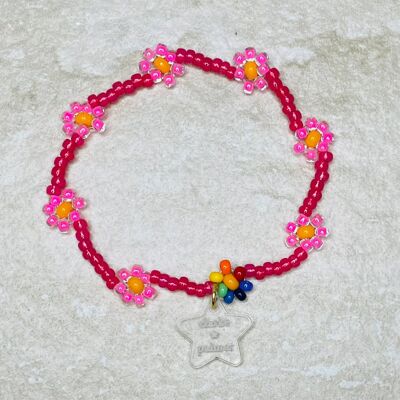 Pulsera con cuentas de margarita rosa neón - Grande 19 cm - Sin inicial - Borla