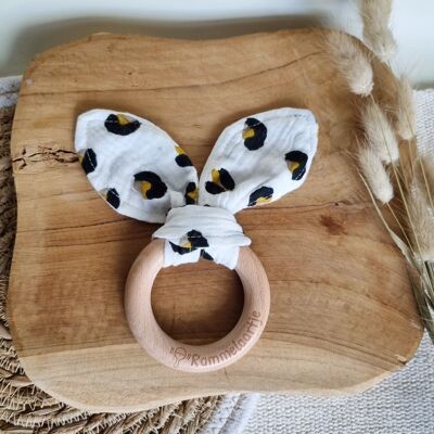Wooden teething ring with soft rabbit ears 15cm - Leopard