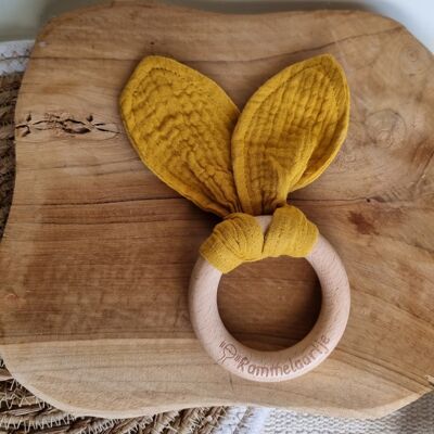 Wooden teething ring with soft rabbit ears 15cm - Ocher yellow