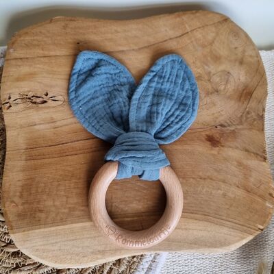 Wooden teething ring with soft rabbit ears 15cm - Powder blue