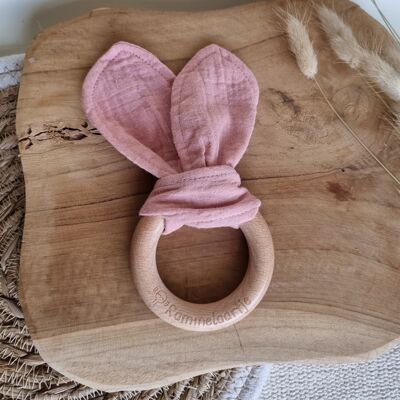 Anneau de dentition en bois avec oreilles de lapin souples 15cm - Rose poudré
