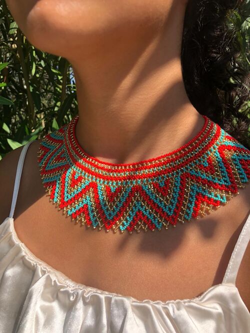 Collier Brujo Maya Rouge Or Turquoise