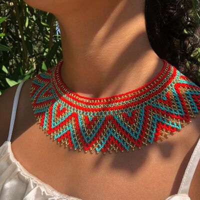 Necklace Brujo Maya Red Gold Turquoise