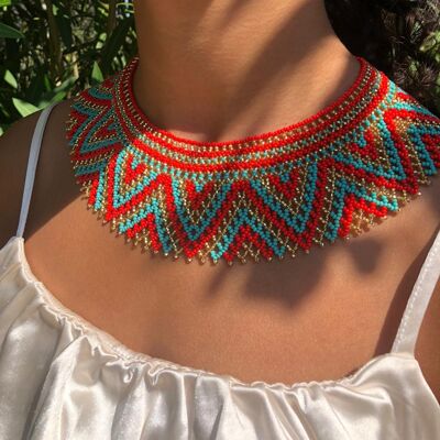 Collier Brujo Maya Rouge Or Turquoise