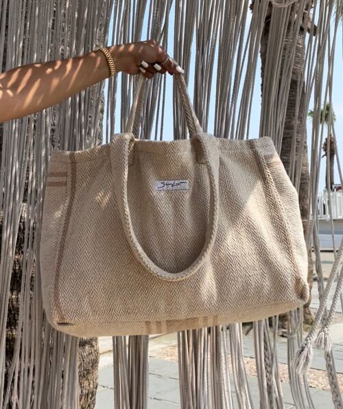 Oversized shopper tote - woven beach bag with double strap