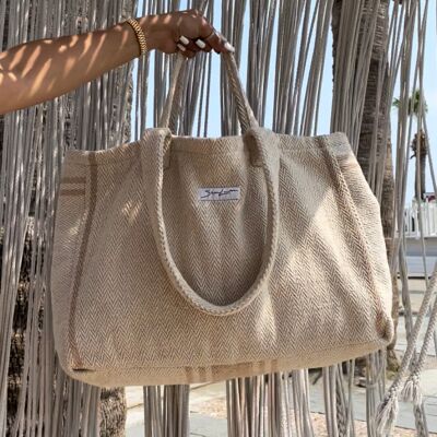 Oversized shopper tote - woven beach bag with double strap