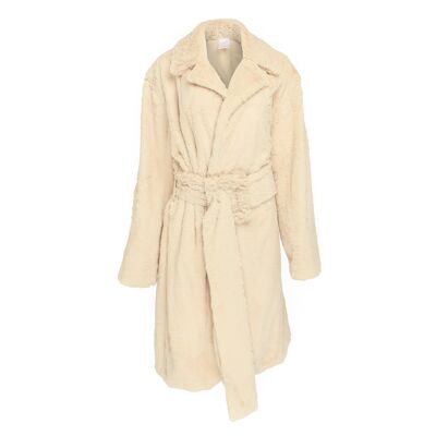 Faux fur longline oversized coat with large buckle in Creme Caramel