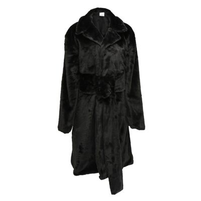Abrigo largo negro oversize de pelo sintético con hebilla grande