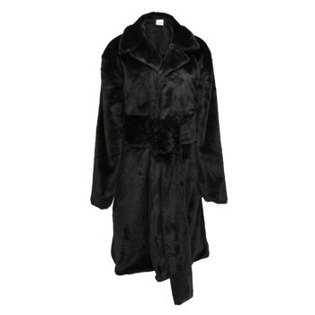 Manteau long noir oversize en fausse fourrure avec grande boucle