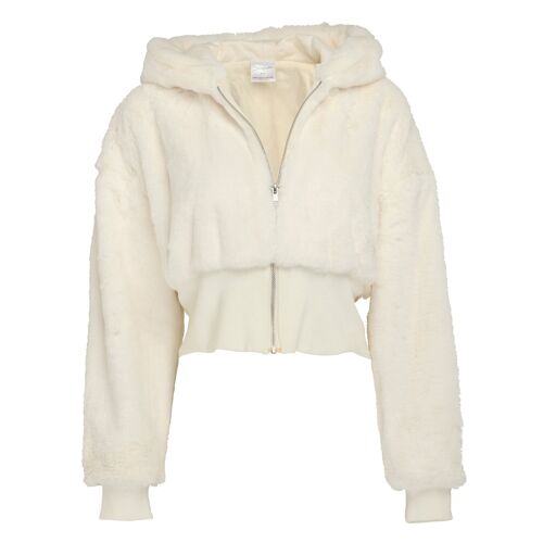 Hooded cream faux fur cropped jacket