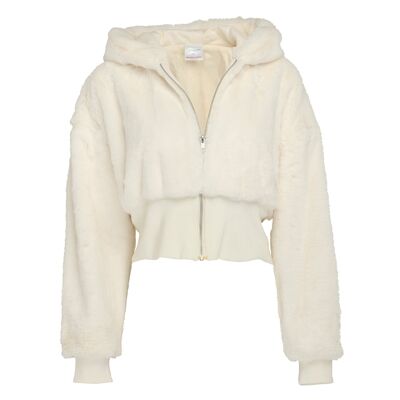 Hooded cream faux fur cropped jacket