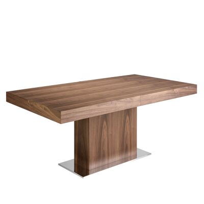 Mesa comedor extensible de madera chapada en nogal y base de acero inoxidable cromado, modelo 1015