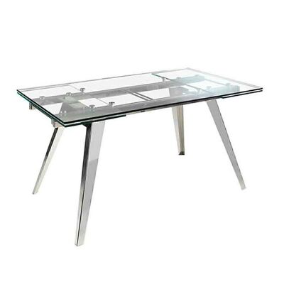 Mesa comedor extensible con tapa de cristal templado y patas de acero inoxidable cromado, modelo 1005