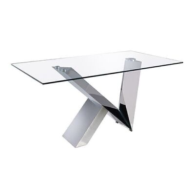 Mesa comedor con tapa fija de cristal templado y base de acero inoxidable cromado, modelo 1038-160x95