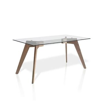 Table à manger avec plateau fixe en verre trempé, structure en acier inoxydable et pieds en bois plaqué noyer, modèle 1031 1