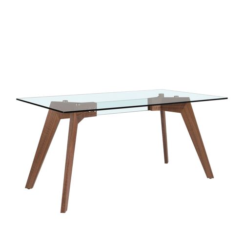 Mesa comedor con tapa fija de cristal templado, estructura de acero inoxidable y patas en madera chapada en nogal, modelo 1031