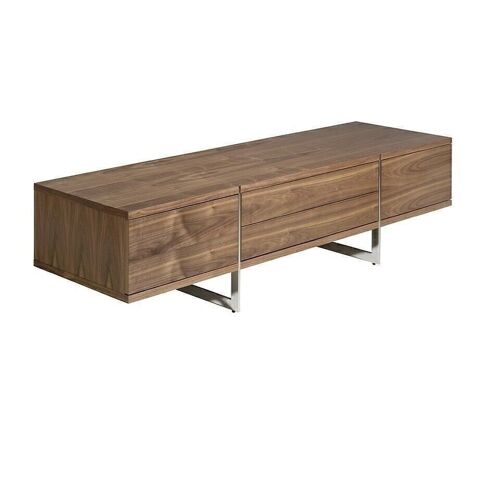 Mueble TV de estructura de madera chapada en nogal con dos puertas y dos cajones y patas de acero inoxidable cromado, modelo 3045