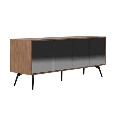 Sideboard with walnut veneered wood structure with four mirror effect black tinted glass doors and interior shelves in walnut veneered wood, legs in black epoxy painted steel, model 3061