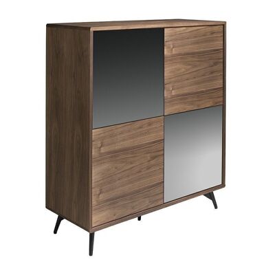 Sideboard with 0.5mm thick walnut veneered wood structure, two doors in black tinted mirror effect glass and two in walnut veneer, and interior shelves in walnut veneered wood, Black epoxy painted steel legs, model 3059