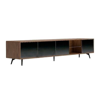 Mueble TV de estructura de madera chapada en nogal con cuatro puertas en cristal tintado negro efecto espejo y patas en acero pintado en epoxi color negro, modelo 3048