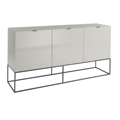 Sideboard with structure in Glossy Pearl Gray lacquered MDF, handles and structure of legs in black epoxy painted steel, Three double doors and interior shelves in Pearl Gray lacquered MDF, model 3054