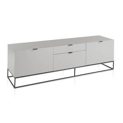 TV cabinet with MDF structure lacquered in Pearl Gray Gloss with handles and legs structure painted in black epoxy, It has a single and a double drawer, and two double doors, model 3041