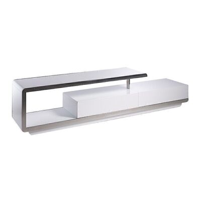 Mueble TV de estructura en DM lacado en Blanco Brillo y detalles en acero inoxidable cromado con estructura de patas sobre estructura en madera de pino pintado en blanco, Cajonera doble, modelo 3042