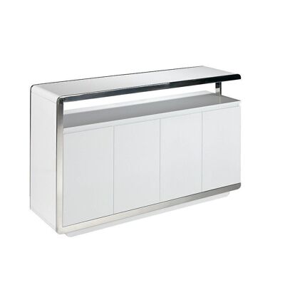 Madia con struttura in MDF laccato Bianco Lucido RAL9003 e particolari in acciaio inox cromato con struttura gambe in legno di pino laccato bianco, quattro ante doppie e ripiani interni in MDF laccato bianco, modello 3055