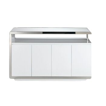 Buffet avec structure en MDF laqué Blanc Brillant RAL9003 et détails en acier inoxydable chromé avec structure de pieds en pin laqué blanc, quatre portes doubles et étagères intérieures en MDF laqué blanc, modèle 3055 2