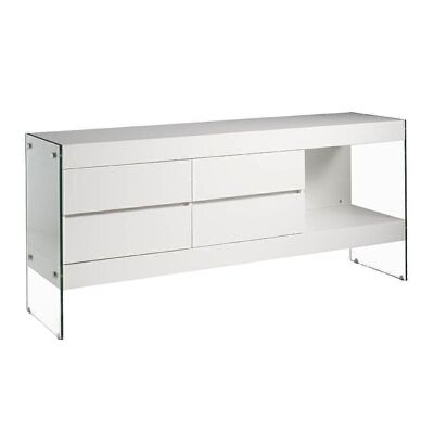 Buffet avec structure en MDF laqué Blanc Brillant avec supports latéraux en verre trempé et quatre tiroirs, modèle 3050