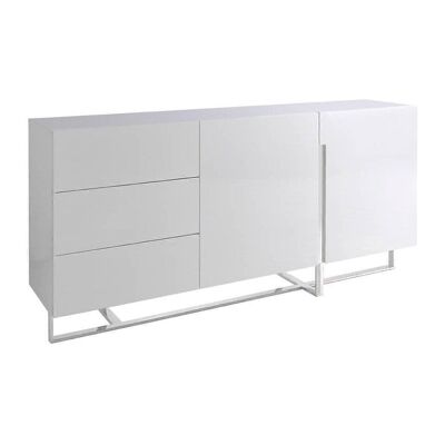 Buffet avec structure en MDF laqué Blanc Brillant avec structure de pieds et garniture en acier inoxydable chromé, Trois tiroirs simples et deux portes avec étagères intérieures en MDF laqué blanc, modèle 3051