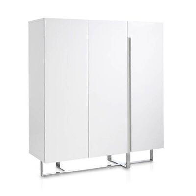 Buffet avec structure en MDF laqué Blanc Brillant avec structure de pieds et garniture en acier inoxydable chromé, avec une porte simple et une double porte et étagères intérieures en MDF laqué blanc, modèle 3053