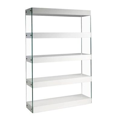 Wooden bookcase with Glossy White lacquered MDF shelves, 10mm tempered glass sides and polished edges, model 3020