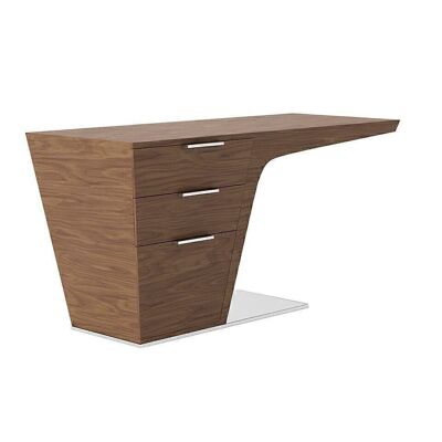 Schreibtisch aus nussbaumfurniertem Holz mit zwei Einzelschubladen und einer Doppelschublade, Sockel und Griffe aus verchromtem Edelstahl, Modell 3012