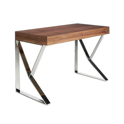 Schreibtisch aus nussbaumfurniertem Holz mit zwei einfachen Schubladen und verchromten Edelstahlbeinen, Modell 3015